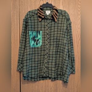 Urban Outfitters BDG Meadow Faux Fur Collar Distressed Plaid Flannel Shirt